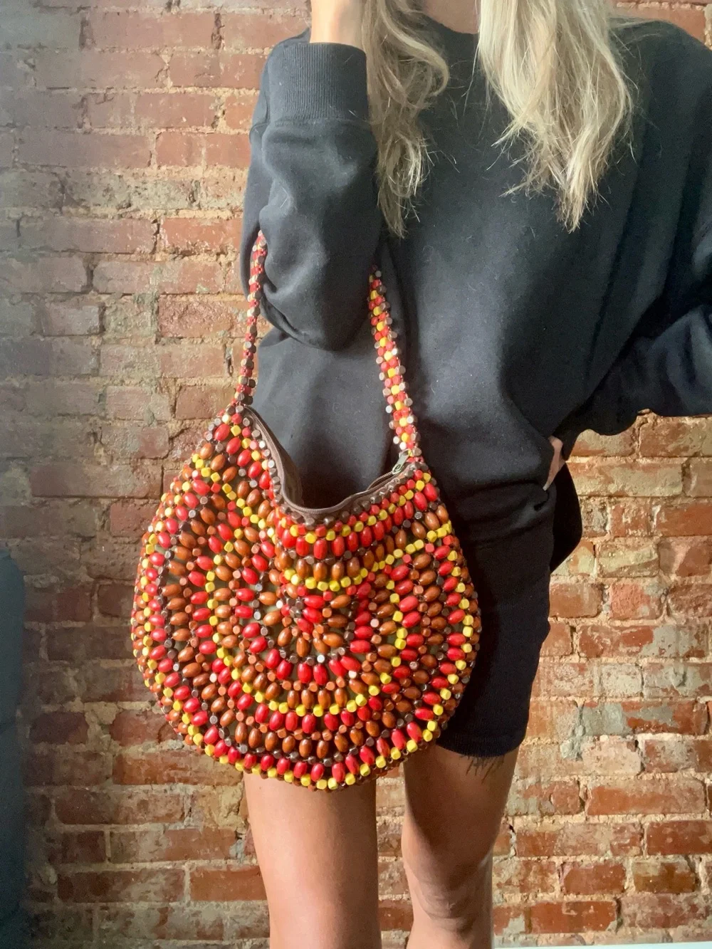 Red & Brown Beaded Shoulder Bag